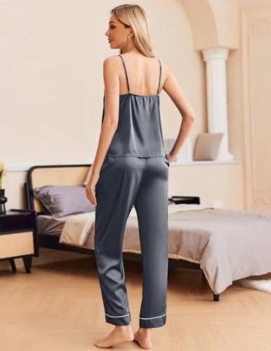 Image of Ekouaer Women Silk Satin Pajamas Sleeveless Pjs Set 2 Piece Summer Loungewear Sleepwear with Pockets S-XXL