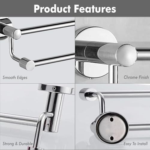 Image of Pivalo 304 Grade Stainless Steel Towel Rod Wall Mounted Double Aluminium Rail Napkin Holder Multipurpose Hanger Storage Stand Bathroom Accessories for Home Kitchen Washroom (Pack of 1, Silver, 1029)
