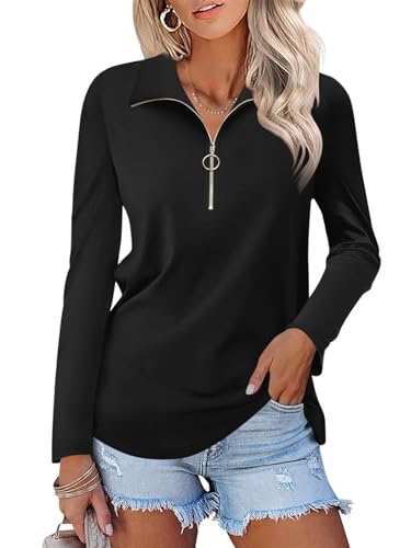 TICTICMISS Women's Long Sleeve Shirts Quarter Zip Pullover Collared V Neck Tops Fall Blouses A-Black