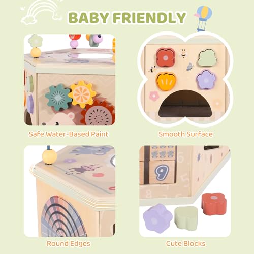 Image of Large Wooden Activity Cube for Toddlers, 9 in 1 Educational Baby Activity Cube, Montessori Toys for 1+ Year Old Boys & Girls, Cute Zoo Theme Baby Cube Toy Sorting & Stacking Game, 1st Birthday Gift