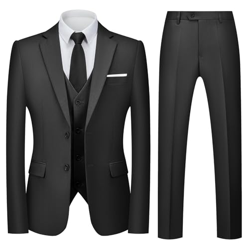 Autsel Anzug Herren Slim Fit 3 Teilig Anzüge Business Herrenanzug 3-Teilig für Hochzeit Sakko Hose Weste Formal Dinner Suit Schwarz XXL