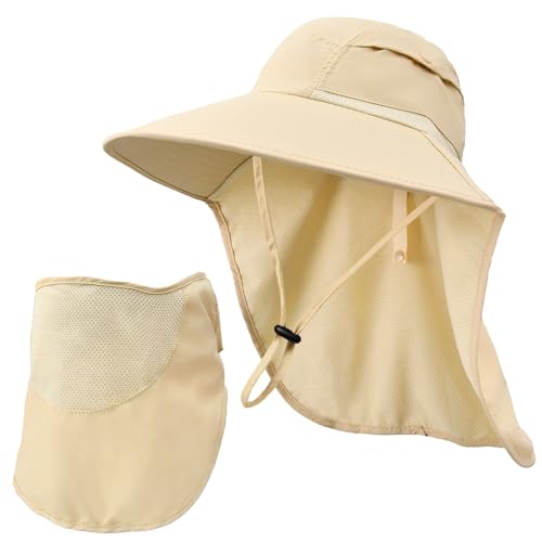 Image of Sun Hats for Men Women Detachable Face Cover Wide Brim Fishing Hats with Neck Flap UPF 50+ Outdoor Safari Hats