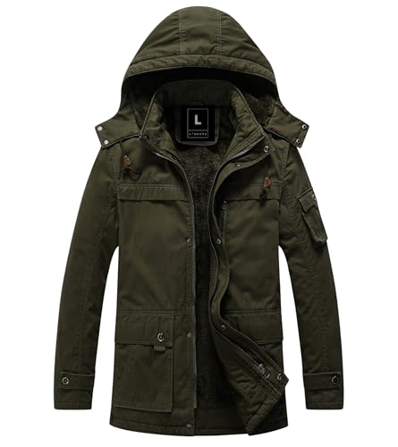 Image of L'MONTE Men's Imported Heavy-Duty Winter Jacket - 100% Cotton Coat with Fleece Lining, Detachable Hood & Multiple Pockets - Windproof, Warm, Stylish for Outdoor & Casual Winter Wear
