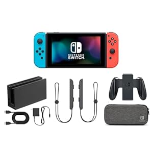 Nintendo Switch Console Bundle – Neon Blue & Red Joy-Cons, Dock, Controller Grip, Carrying Case, Cables & Accessories (Renewed)