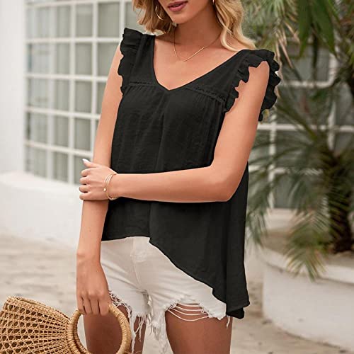 Zaful Women's V Neck Tunic Tops Ruffle Sleeve Blouses Lace Hollow Out Loose Babydoll Tank Shirts #TOP4