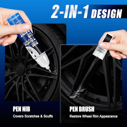 Image of Matte Black Rim Touch Up Paint, 2-in-1 Brush & Tip, 0.4 fl oz - Universal Black Rim Curb Rash Repair Kit for Scratches, Scuffs Alloy /Metal Wheels, OEM Color Match, Quick-Dry & Long-Lasting