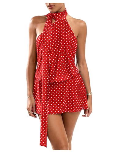 SOLY HUX Women's Polka Dots Mini Dress Backless Sleeveless Halter A Line Party Summer Dresses Red Polka Dots Small
