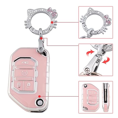 Image of Pangpai Pink Key Fob Cover for Jeep, Soft TPU Key Case Protection with Bling Keychain Fit for 2018-2022 Jeep Gladiator Wrangler Sahara Rubicon