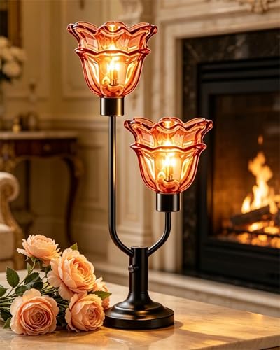 Image of Lightdot Mid Century Modern Table Lamp Red Flower Glass Lamp Gift Dimmable | Nightstand Lamp Vintage Black Desk Lamp 2 Bulbs Included Warmwhite Ambient Bedside Lamps for Living Room Bedroom Home Decor