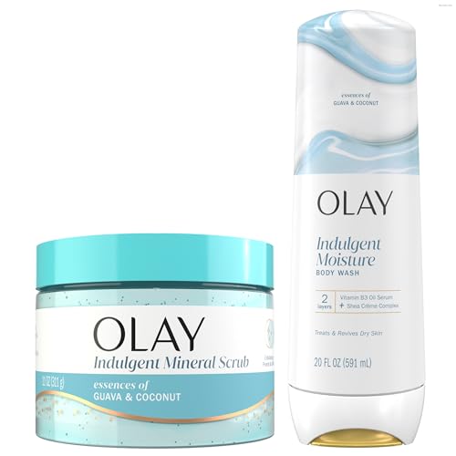 Image of Olay Body Indulgent Mineral Scrub & Body Wash Bundle for Women, Guava & Coconut Scent, Skin Exfoliating & Massaging Pearls, Moisturizing & Nourishing Gentle Formula, Luxurious Fragrances (Pack of 2)