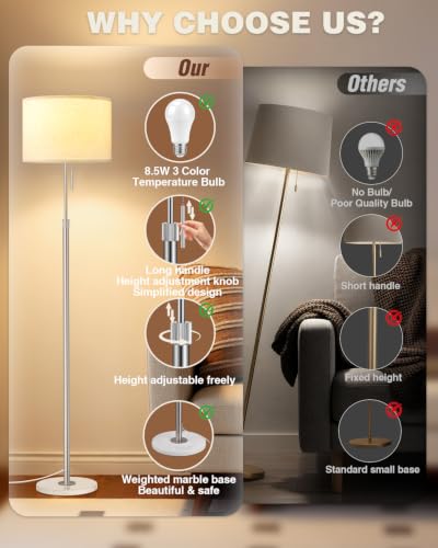 Image of Ambimall Height Adjustable Modern Floor Lamp, Silver & White