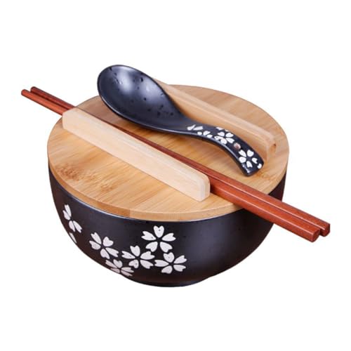 BAZEITFLOW 黒色セラミック麺丼 蓋付き和風食器 軽量持ち運び簡単 耐久性良好 電子レンジ対応 スルラーメンボウル