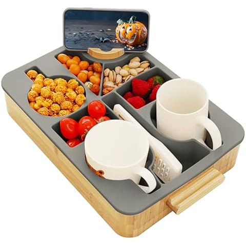 Nnewvante Couch Cup Holder Tray, 9 in 1 Divided Serving Tray with Handle for Sofa Bed RV Car Organizer Caddy Movie Night Snack Trays, Bamboo and BPA Free Silicone, Dark Grey Cover