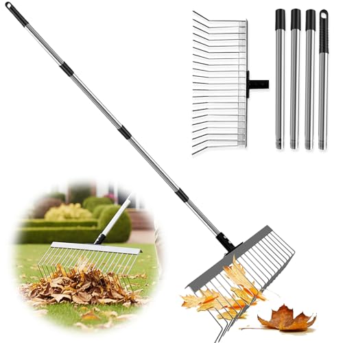 JNUYISW Rechen Garten 53-160cm Verstellbar Laubrechen Rasenrechen 21 Zinken Metallrechenkopf 40cm Breit Ergonomischer Langer Griff Laubsammler Gartenrechen für Laub Hof Sträucher Blumenbeete