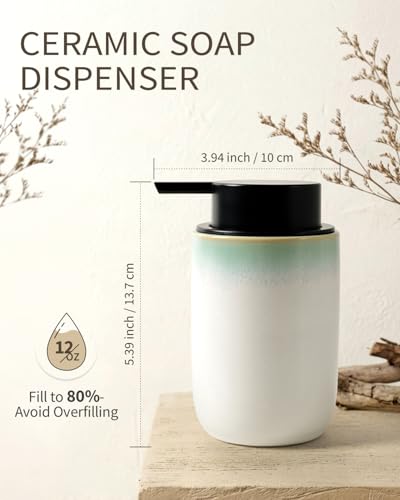 Image of BosilunLife Hand Soap Dispenser - Foam Soap Dispenser Bathroom Ceramic Dish Liquid Soap Dispenser for Kitchen, Bathroom Countertop Soap Dispensers (White with Blue-Green Rim Liquid Pump)