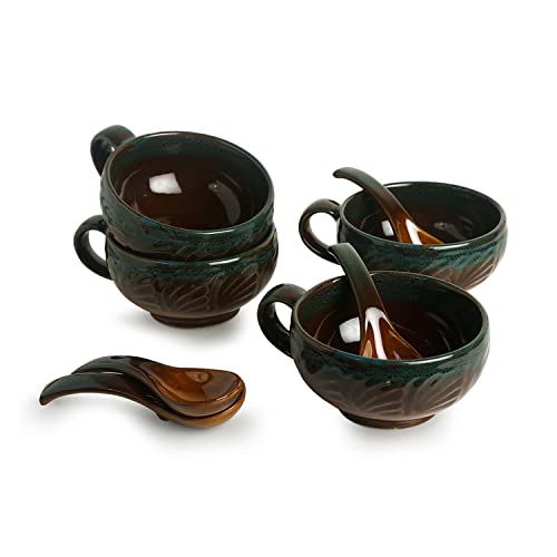 Image of ExclusiveLane Ceramic Handled Soup Bowl Set with Spoon (300ml, Amber, Teal Tints)-Set of 4| Ceramic Soup Bowl with Spoon Soup Bowls Set of 4 with Spoons Bowls for Soup|