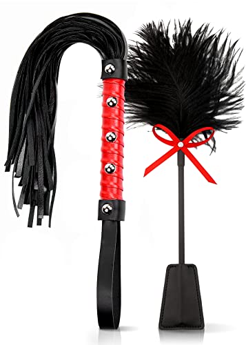 Image of Feather Tickler 15 inch, French Tickler Black, Feather Ticklers Teasers - Red Whip 20 inch, Faux Leather Whip for Cosplay