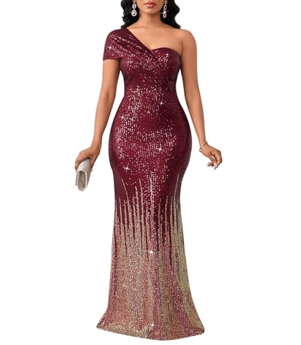 Image of Cololura Women Sexy Sequin One Shoulder Mermaid Formal Party Cocktail Gowns Bodycon Evening Maxi Dress