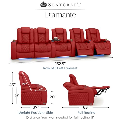 Image of Seatcraft Diamante Red Italian Leather Home Theater Seating, Zero Gravity Power Recliner Gaming and Home Office Chair, Powered Headrest Lounge Sofa Furniture for Cinema Room, Row of 5 Left Loveseats