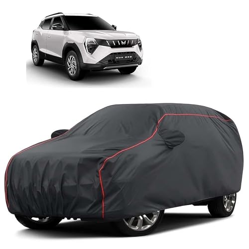 Image of Sulfar 100% Water Resistant Car Body Cover Compatible with Mirror for Mahindra XUV 3XO (Triple Stitched, Full Bottom Elastic, Dark Grey Tafetta with Red Piping)