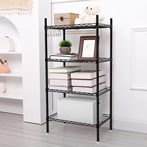 VOONEEN 4 Tier Shelving Unit, Metal Shelving Unit Free Standing Small Storage Rack with 4 Hooks, Wire Organisation Racking Shelves for For Pantry Kitchen Livingroom Bathroom Office, 45*30*90 CM