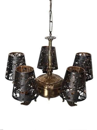 Image of Devansh 05 Lights Metal Etched Shade with Antique Golden Chandelier -ZB