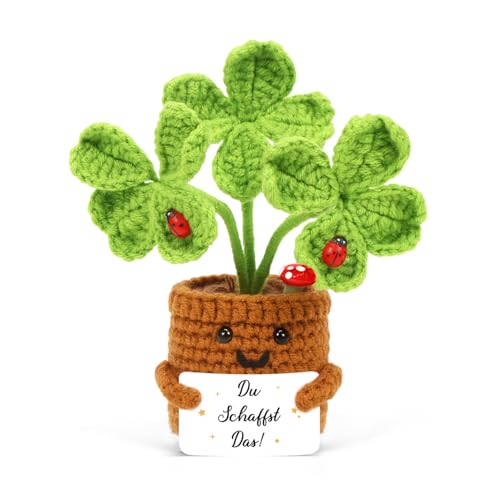 HUKUMA Gl&uuml;cksbringer Gestrickte Vierbl&auml;ttriges,Kleine Geschenke f&uuml;r Adventskalender Kinder Frauen,Pocket Hug Positive Geh&auml;kelte Blume,H&auml;kelblumen Du schaffst das Geschenk,Kleines Dankesch&ouml;n Geschenke
