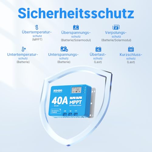 Redodo 40A MPPT 12V/24V Auto DC Input Solarladeregler mit eingebautem Bluetooth Modul, Parameter verstellbare LCD Display LED Anzeige
