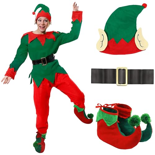 I LOVE FANCY DRESS LTD Disfraz de mujer de 5 piezas de elfo con chaqueta + pantalón + cinturón + gorro de orejas + zapatos para adulto Ideal para fiestas de Navidad