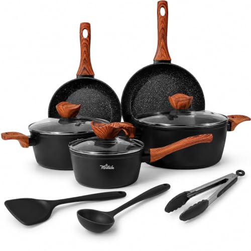 La Moustache - Juego De Ollas Y Sartenes 8 Piezas Aluminio Con Antiadherente Sin Pfoa Y Pfos Batería Apta Para Todas Las Cocinas, Incluso Inducción, Mangos De Baquelita Termoprotectora Callao