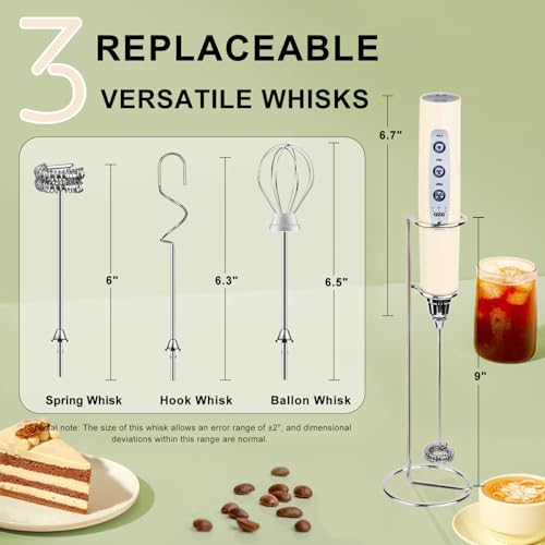 Image of YUSWKO Beige Handheld Milk Frother Wand with Stand for Coffee, Rechargeable Electric Whisk with 3 Heads 3 Speeds Drink Mixer Coffee Frother For Latte, Cappuccino, Hot Chocolate, Egg
