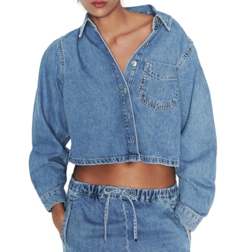 Women Crop Denim Jacket Shacket Long Sleeve Jean Shirt Lapel Collar Denim Shirt Blouse2