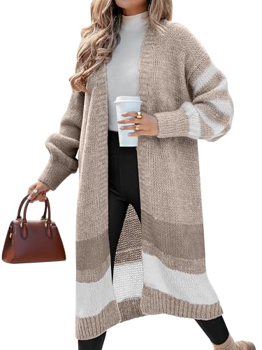 Caracilia Womens Oversized Long Cardigan Sweaters Color Block Open Front Duster Coat Knit Outwear 2025 Fall Outfits