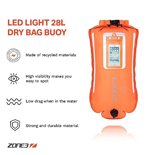 ZONE3 – 28L recycelte Schwimmboje mit LED-Lichtern | Wasserdichter Packsack mit Handyhülle | Sicherheitsschwimmer für Freiwasser und Triathlon | mit Reflektoren und verstellbarem Gürtel