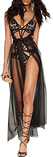 Women Sexy Sheer Mesh High Waist Tie Waist Split Maxi Skirt
