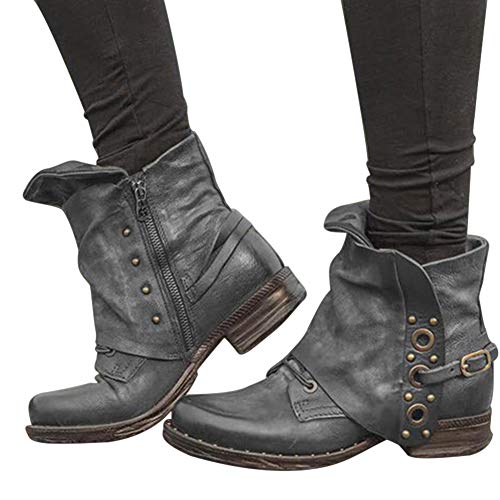 Alftek Bottines en cuir pour femme avec fermeture éclair latérale pour l'hiver et l'automne - - gris, 39 EU