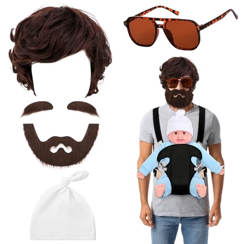 Clovilet 4 Pcs Halloween Costume Include Wigs Fake Beard Hat Sunglasses for Men Movie Character Cosplay