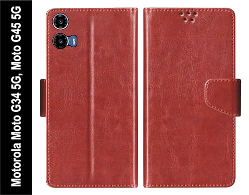 Image of SBMS Flip Cover for Motorola Moto G34 5G / Moto G45 5G 6.5-Inch Back Cover Case with Magnatic Closure | Inbuilt Stand | Card & Money Pocket (Brown)