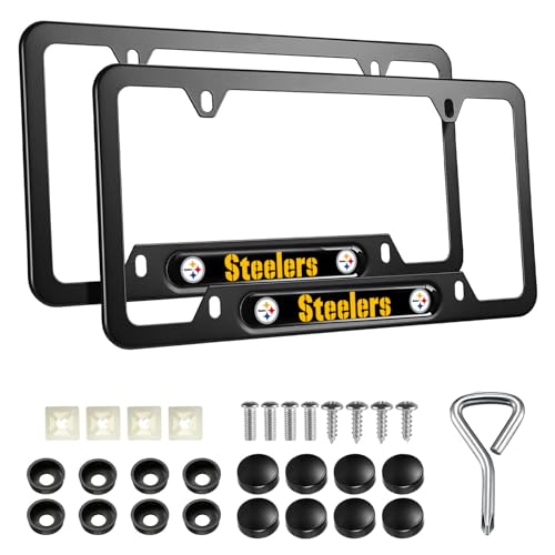2PCS Black License Plate Frames Premium Aluminum Alloy Weather Proof License Plate Covers with Screw Caps Cover Set