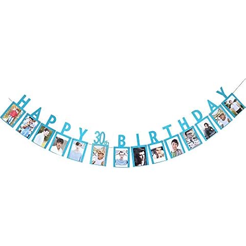 Happy 30th Birthday Photo Party Banner, Blue Sign Garlands for Adult Men/Women's 30th Birthday Party Bunting Supplies Decorations Cover