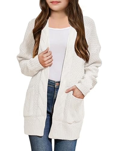 Girls Cardigans Open Front Long Sleeve Cable Knit Cardigan Sweaters Kids Chunky Cute Sweater Coat with Pockets