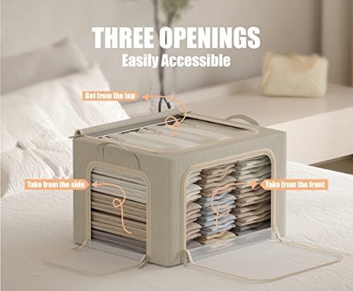 3 Opeings Large Clothes Storage Bins with Metal Frame, Foldable Storage Bin for Clothes, Clothing Storage Bins with Lid, Linen Storage Box With Clear Window＆ Zippers＆ Durable Handles.(3 Pcs,Beige,66L) by Furnhome - Image 2