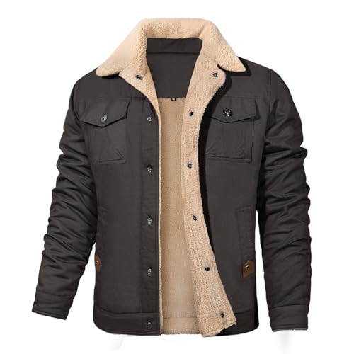 Image of Mens Winter Jacket Thick Thermal Cotton Warm Fleece Lined Sherpa Jacket Trucker Lapel Work Cargo Jackets Coat Outerwear