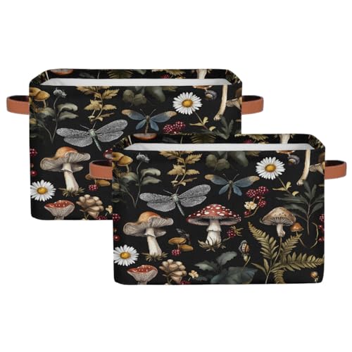 Image of Mushrooms Daisies Storage Baskets for Organizing, Fabric Collapsible Storage Bins Box Forest Plants Decorative Toy Organizer Baskets for Closet Shelves Gift Basket 2Pcs