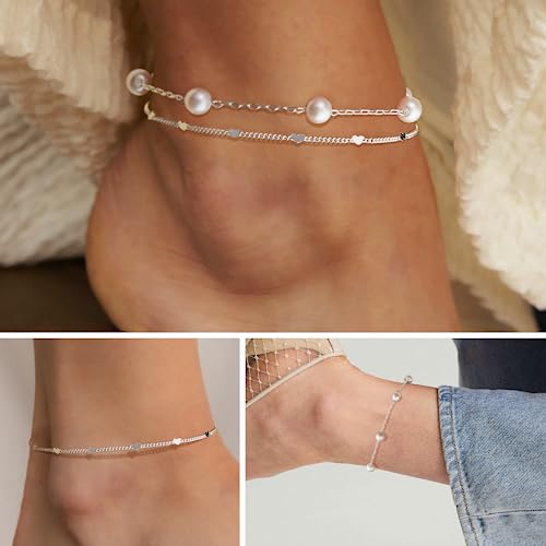 Poxtex Pearl Ankle Bracelets For Women, 925 Sliver Plated Anklets For Women Waterproof thumb #3
