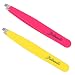 2x Slant Tweezers & Pouch | Premium Surgical Grade Stainless Steel Flat Angled Tweezers Set | Best Professional Eyebrow, Grooming kit, Ingrown Hair, Plucking, Gift, Men, Women | Hot Neon Pink - Yellow