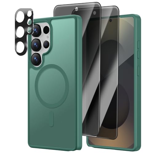 [4 in 1] Magnetic for Samsung Galaxy S25 Ultra Case, 2 Pics Privacy Screen Protectors and 1 Pic Camera Protector, Fit for MagSafe, Military Grade Shockproof Translucent Matte S25 Ultra Cover, Green