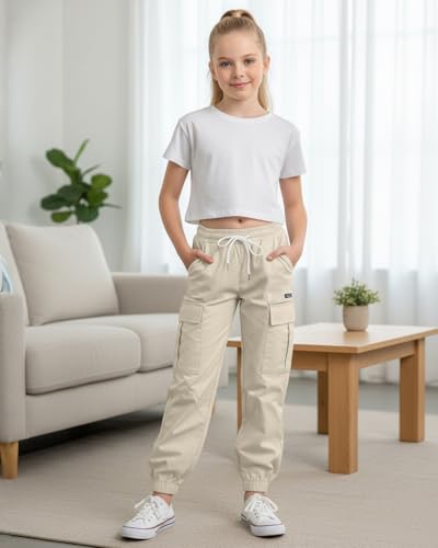 Image of JiAmy Girls Cargo Pants Elastic High Waist Drawstring Pants Jogger Trousers Casual Loose with Pockets 6-14Y