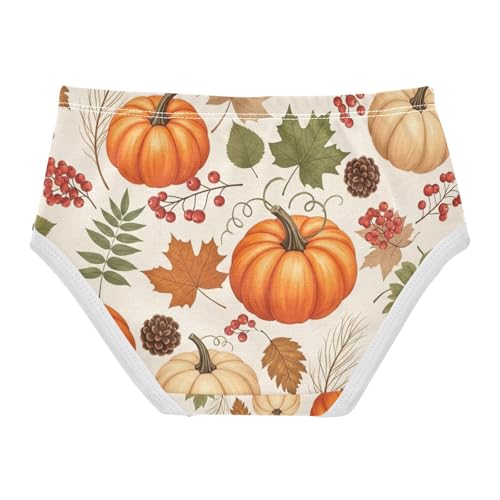 Toddler Girl Panties, Autumn Leaves Pumpkins Cream Cotton Girls Underwear, 2T–8 Years2