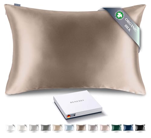 RENESSY Federa in Seta 100% Bio 50x75 cm - 22 Momme Seta di Gelso, Grado 6A, Certificata Oeko-Tex in Germania - Lusso per i Capelli e la Pelle, 1 Pezzo (Taupe Caldo)